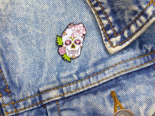 Peony & Love Heart Sugar Skull Tattoo Soft Enamel Pin on Denim Jacket