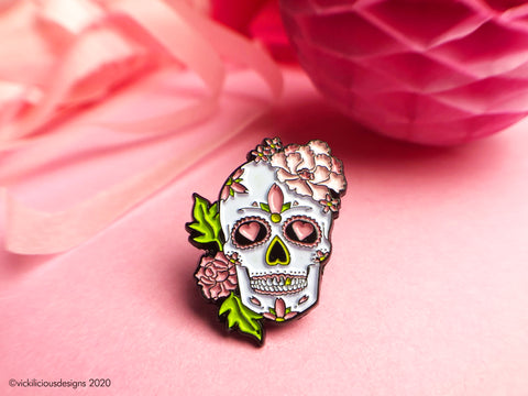 Peony & Love Heart Sugar Skull Tattoo Soft Enamel Pin
