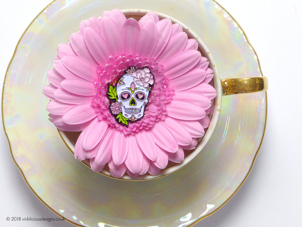 Peony & Love Heart Sugar Skull Tattoo Soft Enamel Pin in a tea cup