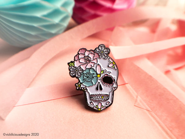 Peony & Rose Sugar Skull Tattoo Soft Enamel Pin