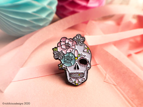 Peony & Rose Sugar Skull Tattoo Soft Enamel Pin
