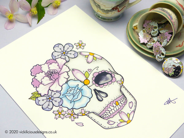 Peony and Rose Sugar Skull Tattoo Flash Illustration Print