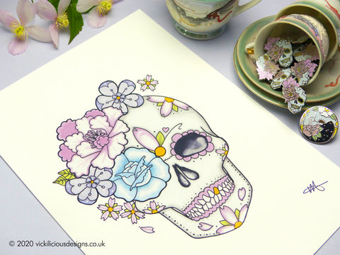Peony and Rose Sugar Skull Tattoo Flash Illustration Print