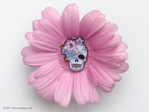 Peony & Rose Sugar Skull Tattoo Soft Enamel Pin in a Gerbera