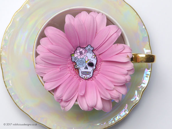 Peony & Rose Sugar Skull Tattoo Soft Enamel Pin in a tea cup