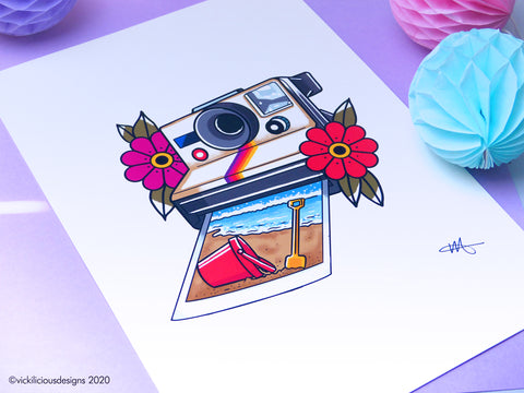 80s Rainbow Polaroid Camera Tattoo Print