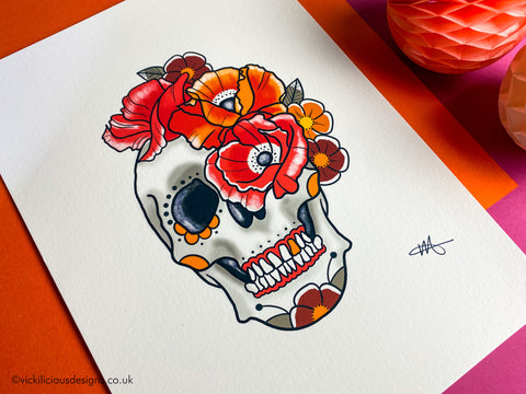 THE ART OF REMEMBRANCE Day of the Dead Poppy Skull Tattoo Print