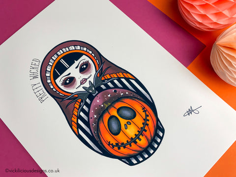 Vickilicious Designs | Pretty Wicked - Jack-o-Lantern Cute & Creepy Doll Tattoo Print