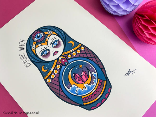 Vickilicious Designs | Psychic Witch - Mystic Cute & Creepy Doll Tattoo Print