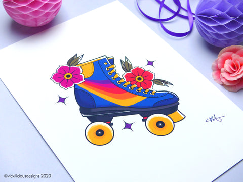 80s Rainbow Roller Skates Tattoo Print