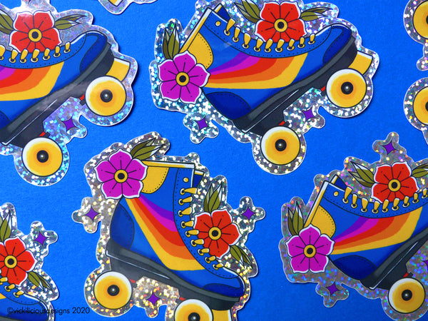 80s Rainbow Roller Skates Tattoo Print Glitter Sticker