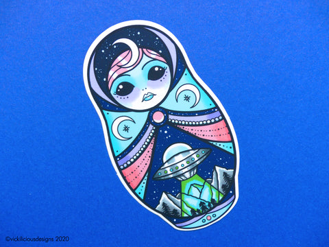 Vickilicious Designs | Stay Weird - Alien Russian Doll Tattoo Sticker