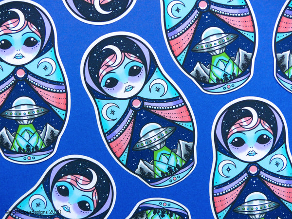 Vickilicious Designs | Stay Weird - Alien Russian Doll Tattoo Sticker