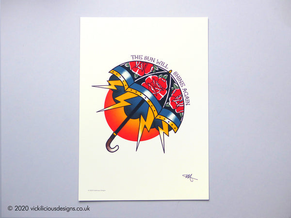 THE SUN WILL SHINE AGAIN Roses & Lightning Bolts Umbrella Tattoo Print