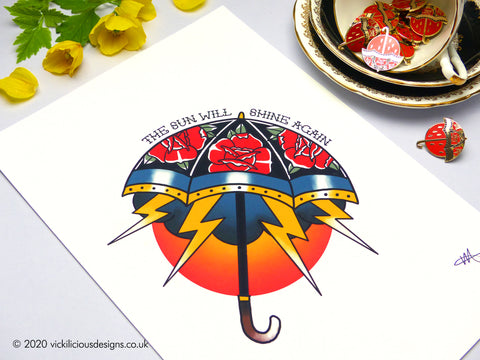 THE SUN WILL SHINE AGAIN Roses & Lightning Bolts Umbrella Tattoo Print