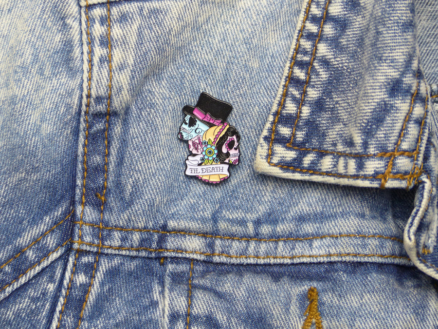 Til Death Bride & Groom Sugar Skull Tattoo Soft Enamel Pin on denim jacket