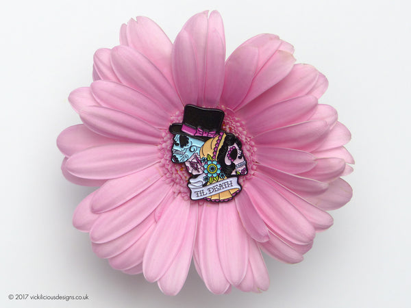 Til Death Bride & Groom Sugar Skull Tattoo Soft Enamel Pin in a Gerbera