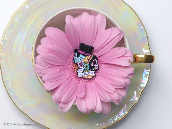 Til Death Bride & Groom Sugar Skull Tattoo Soft Enamel Pin in a tea cup