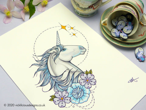 Magical Unicorn tattoo flash illustration