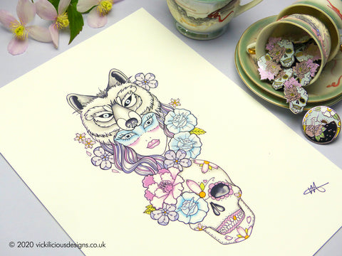 Winter Wolf Goddess with Peony and Rose Sugar Skull Tattoo Print