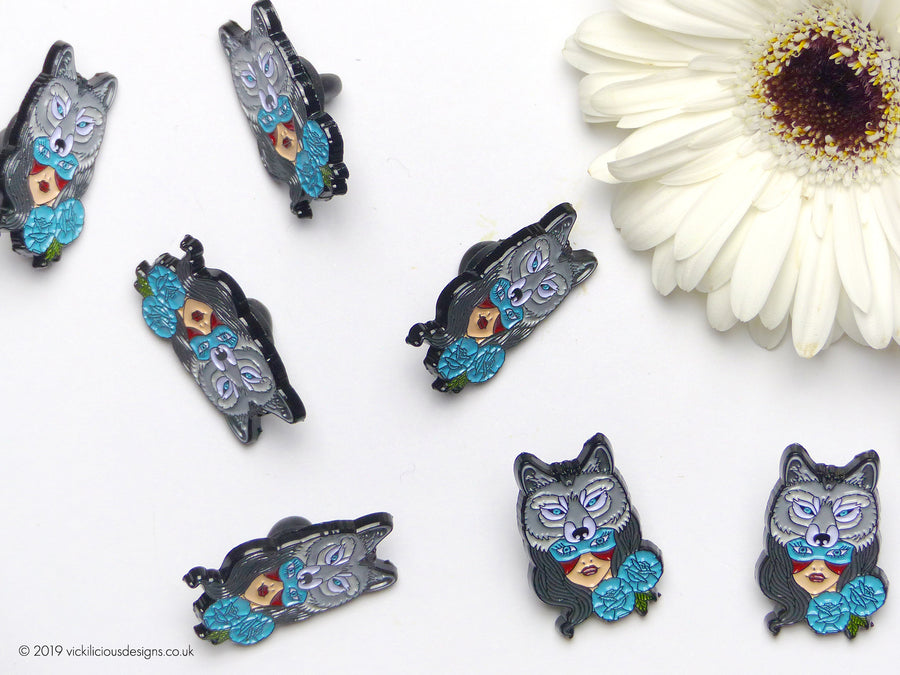 Wolf & Native American Girl Tattoo Soft Enamel Pin