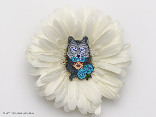 Wolf & Native American Girl Tattoo Soft Enamel Pin in flower