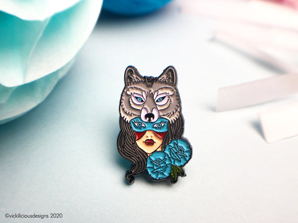 Wolf & Native American Girl Tattoo Soft Enamel Pin