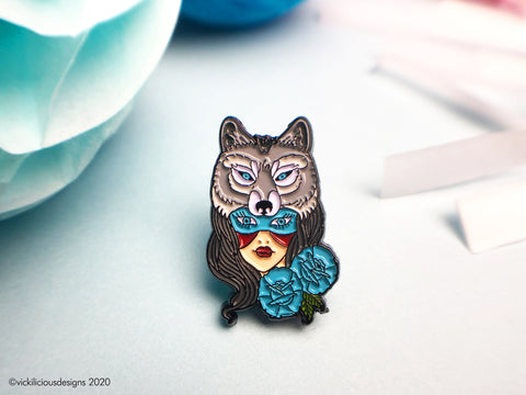 Wolf & Native American Girl Tattoo Soft Enamel Pin