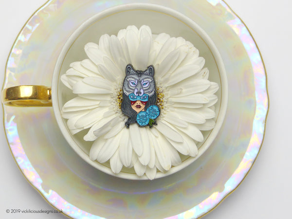 Wolf & Native American Girl Tattoo Soft Enamel Pin in tea cup