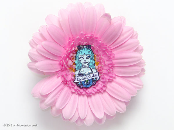 Living Dead Zombie Girl Tattoo Soft Enamel Pin in a Gerbera