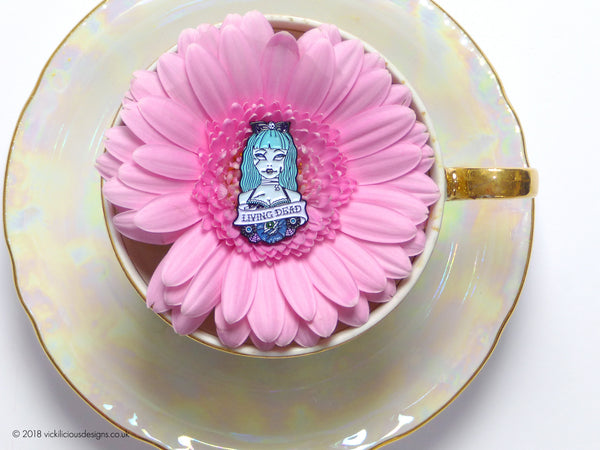 Living Dead Zombie Girl Tattoo Soft Enamel Pin in a tea cup