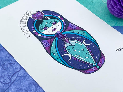 Vickilicious Designs | A Little Bewitched - Crystal Witch, Love Potion Cute & Creepy Doll Tattoo Print
