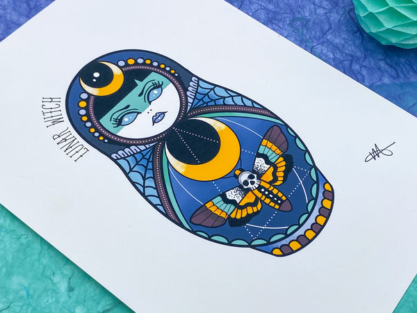Vickilicious Designs | Lunar Witch - Cute & Creepy Doll Tattoo Print