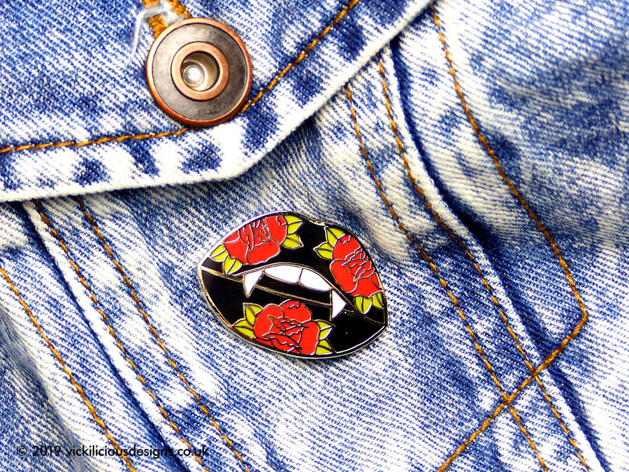 Bite Me Vampire Lips Hard Enamel Pin — Tattoo Style | Ink & Blood Rose Collection