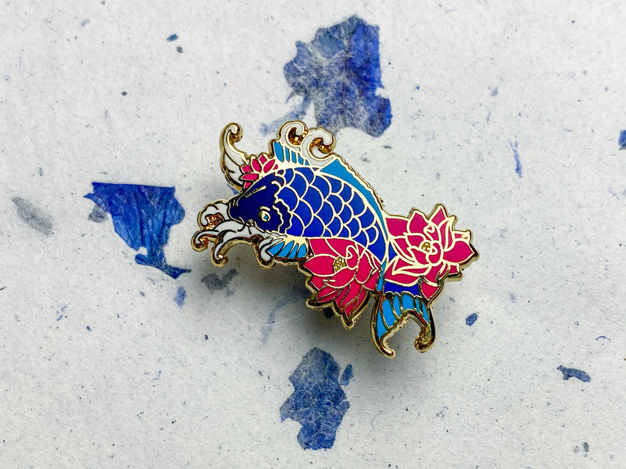 Japanese Koi Carp & Lotus Flower Hard Enamel Pin