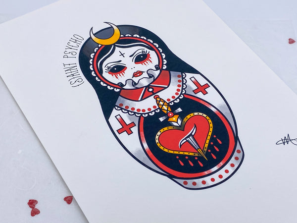 Vickilicious Designs | Cute but Psycho - Demon Choir Girl Cute & Creepy Doll Tattoo Print