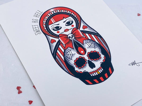 Vickilicious Designs | Sweet as Hell - Candy Striped Cute & Creepy Doll Tattoo Print