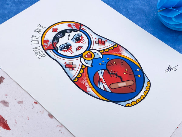 Vickilicious Designs |  Sorta Love Sick - Bloody Cute & Creepy Nurse Doll Tattoo Print
