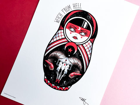 Vickilicious Designs | Witch from Hell - Baphomet Cute & Creepy Doll Tattoo Print