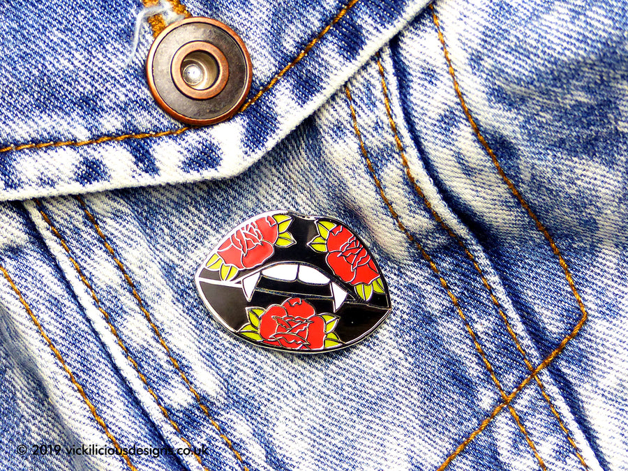 Bite Me Vampire Lips Hard Enamel Pin — Tattoo Style | Ink & Blood Rose Collection